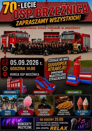 70-Lecie OSP Brzeźnica 2026 – Program, Atrakcje, Koncerty, Zabawa Taneczna