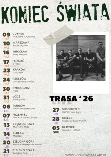 Koncert Zespołu Koniec Świata – Trasa '26 w Zielonej Górze (Piwnica Artystyczna KAWON)